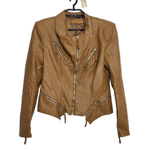 Blank NYC Vegan Leather Moto Jacket Size Medium Brown Fitted Zipper Detail